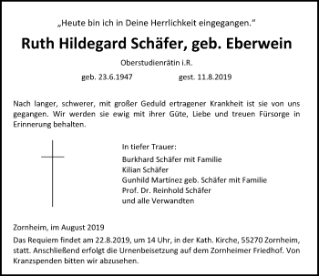 Traueranzeige von Ruth Hildegard Schäfer von VRM-TRAUER