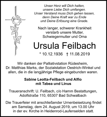 Traueranzeige von Ursula Feilbach von VRM Tageszeitungen