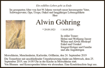 Traueranzeige von Alwin Göhring von vrm-trauer
