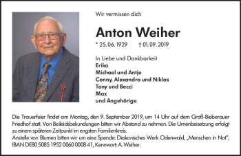Traueranzeige von Anton Weiher von vrm-trauer