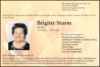 Traueranzeige von Brigitte Sturm von vrm-trauer