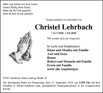 Traueranzeige von Christel Lehrbach von vrm-trauer