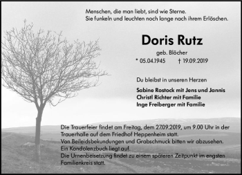 Traueranzeige von Doris Rutz von vrm-trauer