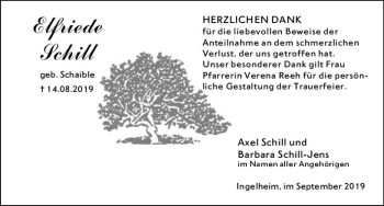 Traueranzeige von Elfriede Schill von vrm-trauer