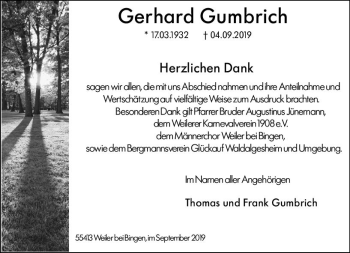 Traueranzeige von Gerhard Gumbrich von vrm-trauer
