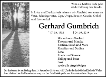 Traueranzeige von Gerhard Gumbrich von vrm-trauer