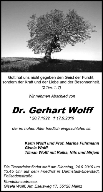 Traueranzeige von Gerhart Wolff von vrm-trauer