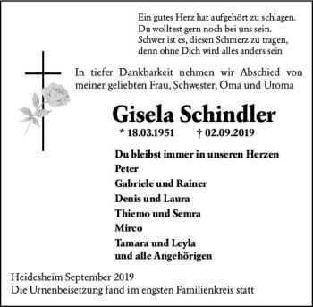 Traueranzeige von Gisela Schindler von vrm-trauer