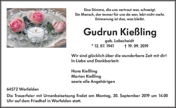 Traueranzeige von Gudrun Kießling von vrm-trauer
