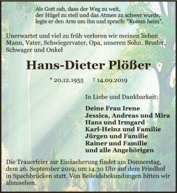 Traueranzeige von Hans-Dieter Plößer von vrm-trauer