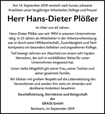 Traueranzeige von Hans-Dieter Plößer von vrm-trauer