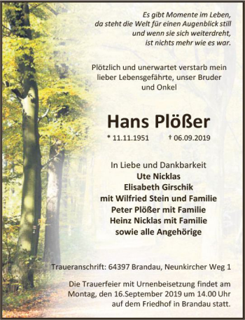 Traueranzeige von Hans Plößer von vrm-trauer