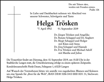 Traueranzeige von Helga Trösken von vrm-trauer