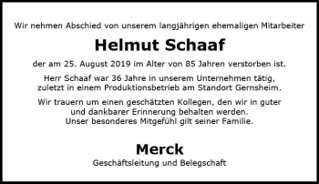 Traueranzeige von Helmut Schaaf von vrm-trauer