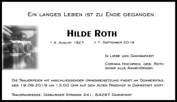 Traueranzeige von Hilde Roth von vrm-trauer