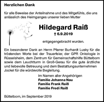 Traueranzeige von Hildegard Raiß von vrm-trauer