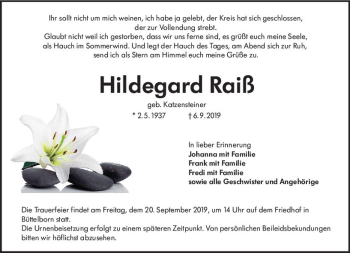 Traueranzeige von Hildegard Raiß von vrm-trauer