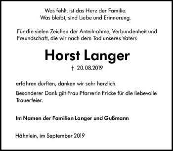 Traueranzeige von Horst Langer von vrm-trauer