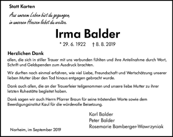 Traueranzeige von Irma Balder von vrm-trauer