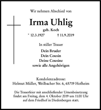 Traueranzeige von Irma Uhlig von vrm-trauer