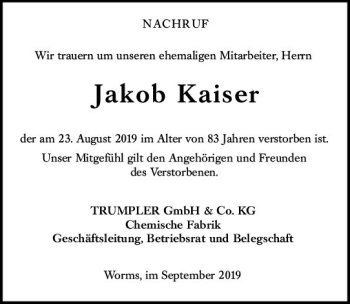 Traueranzeige von Jakob Kaiser von vrm-trauer