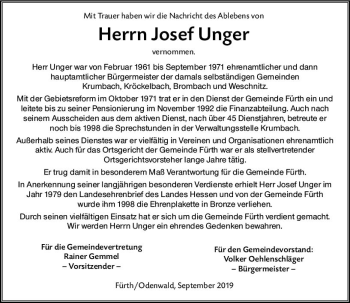 Traueranzeige von Josef Unger von vrm-trauer