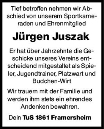 Traueranzeige von Jürgen Juszak von vrm-trauer