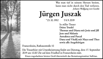 Traueranzeige von Jürgen Juszak von vrm-trauer