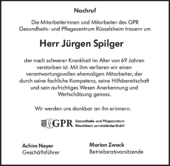 Traueranzeige von Jürgen Spilger von vrm-trauer