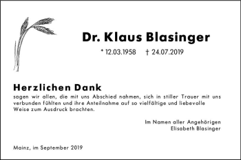 Traueranzeige von Klaus Blasinger von vrm-trauer