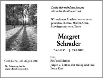 Traueranzeige von Margret Schrader von vrm-trauer