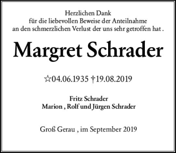 Traueranzeige von Margret Schrader von vrm-trauer