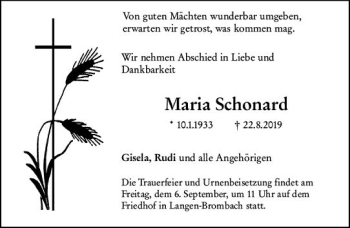 Traueranzeige von Maria Schonard von vrm-trauer