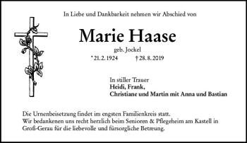 Traueranzeige von Marie Haase von vrm-trauer