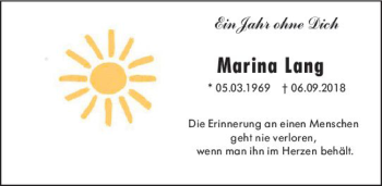 Traueranzeige von Marina Lang von vrm-trauer