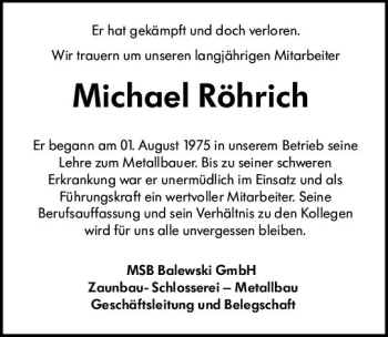 Traueranzeige von Michael Röhrich von vrm-trauer