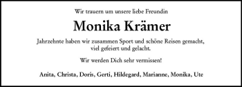 Traueranzeige von Monika Krämer von vrm-trauer