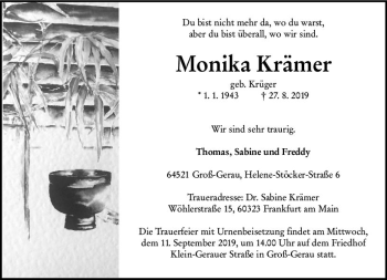 Traueranzeige von Monika Krämer von vrm-trauer