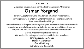 Traueranzeige von Osman Yorganci von vrm-trauer