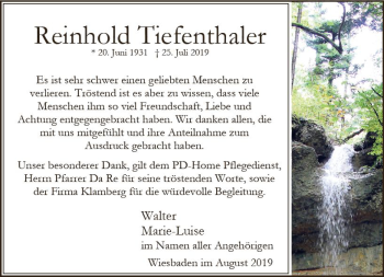 Traueranzeige von Reinhold Tiefenthaler von vrm-trauer