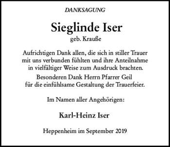 Traueranzeige von Sieglinde Iser von vrm-trauer
