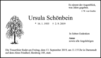 Traueranzeige von Ursula Schönbein von vrm-trauer