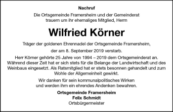 Traueranzeige von Wilfried Körner von vrm-trauer
