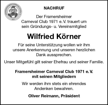 Traueranzeige von Wilfried Körner von vrm-trauer