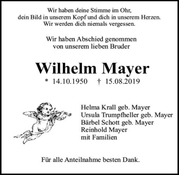 Traueranzeige von Wilhelm Mayer von vrm-trauer