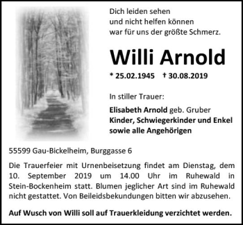 Traueranzeige von Willi Arnold von vrm-trauer