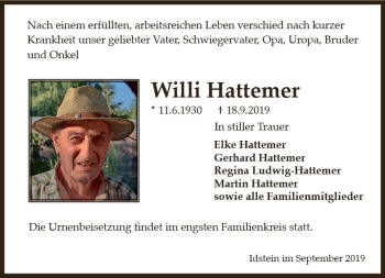Traueranzeige von Willi Hattemer von vrm-trauer