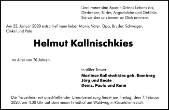Traueranzeige von Helmut Kallnischkies von VRM-TRAUER