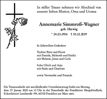 Traueranzeige von Annemarie Simmroß-Wagner von vrm-trauer