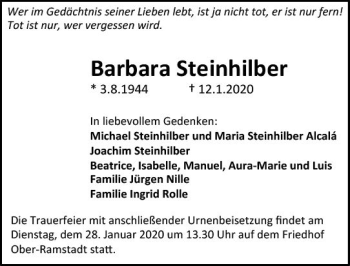 Traueranzeige von Barbara Steinhilber von vrm-trauer